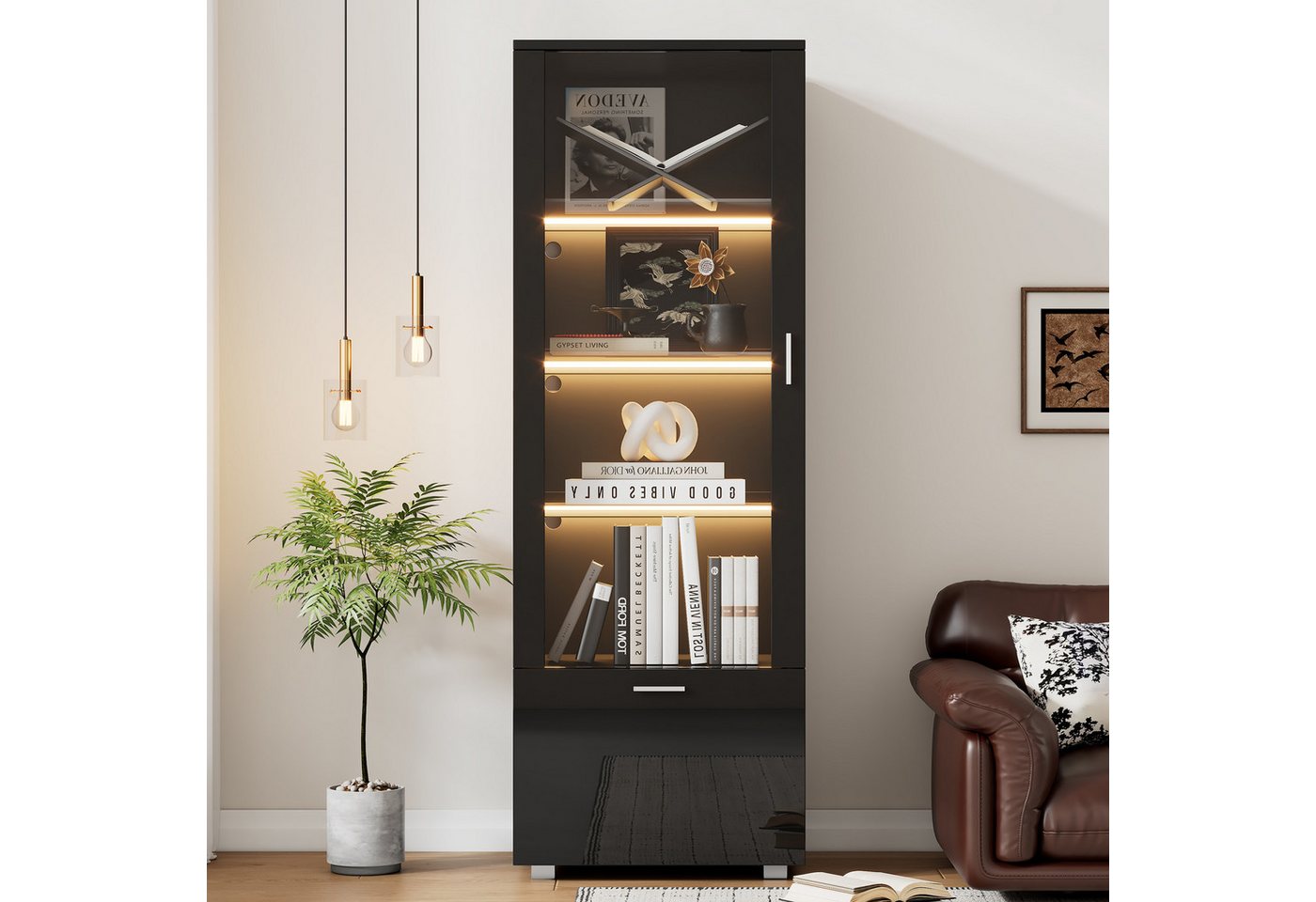 REDOM Vitrine schwarze Vitrine mit Acrylglas-Tür (Hochschrank, Lagerschrank günstig online kaufen