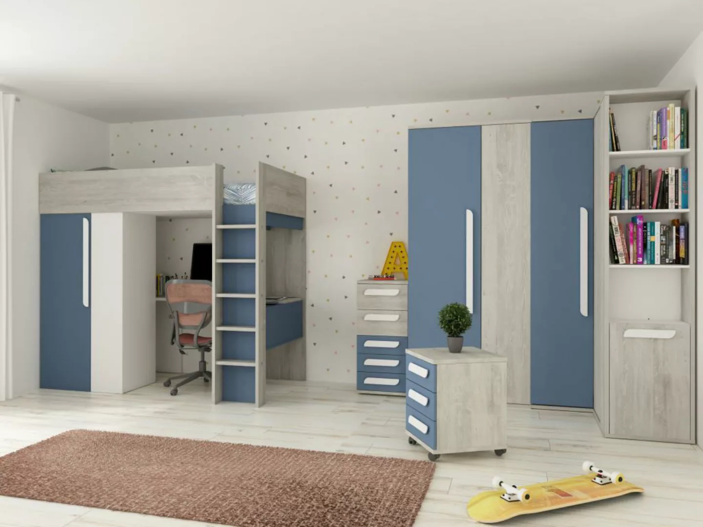 Hochbett mit Schreibtisch & Kleiderschrank + Matratze  - 90 x 200 cm - Blau günstig online kaufen