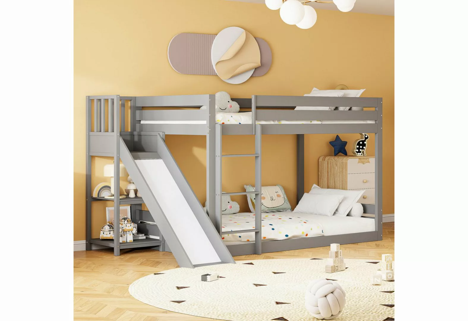 FUROKOY Etagenbett Kinderbett 90x200cm mit Leiter, Rutsche und Regal,weiß/g günstig online kaufen