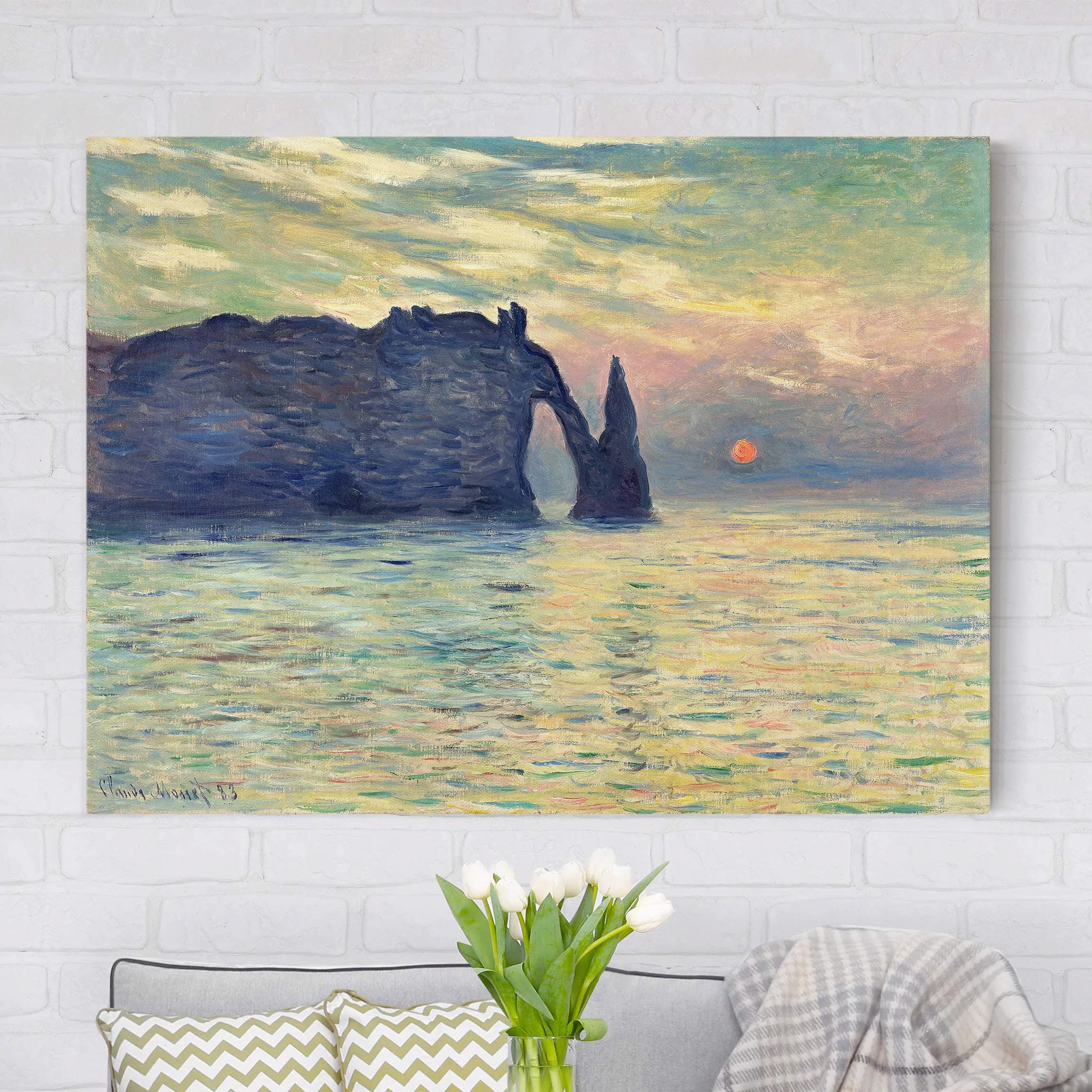 Leinwandbild Kunstdruck - Querformat Claude Monet - Felsen Sonnenuntergang günstig online kaufen