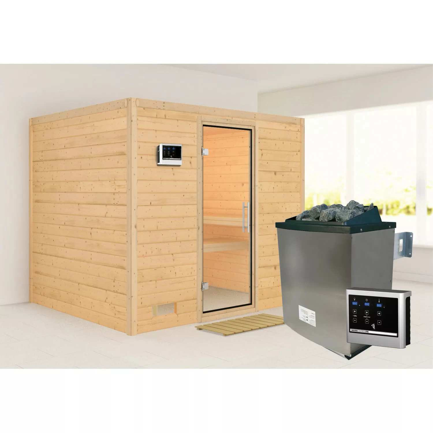 Karibu Sauna Sarina mit Ofen externe Stg.Easy Natur günstig online kaufen