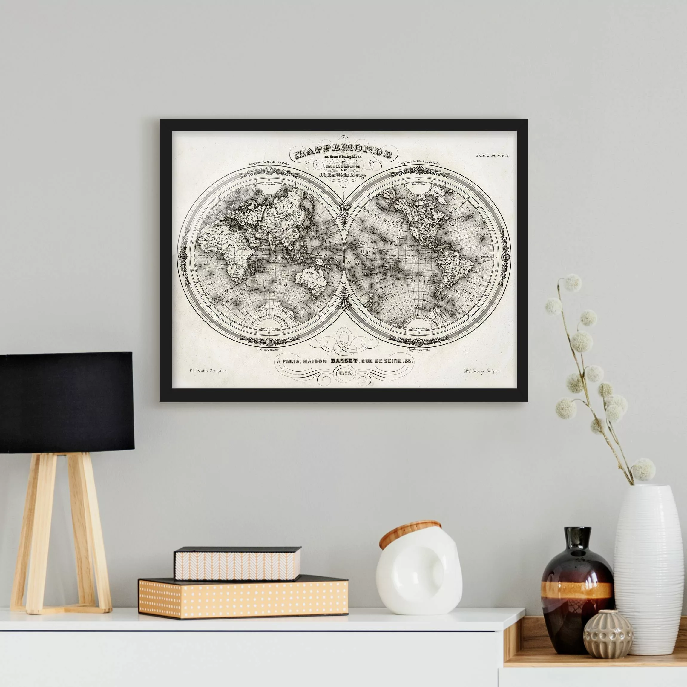 Bild mit Rahmen Stadt-, Land- & Weltkarte - Querformat Weltkarte - Französi günstig online kaufen