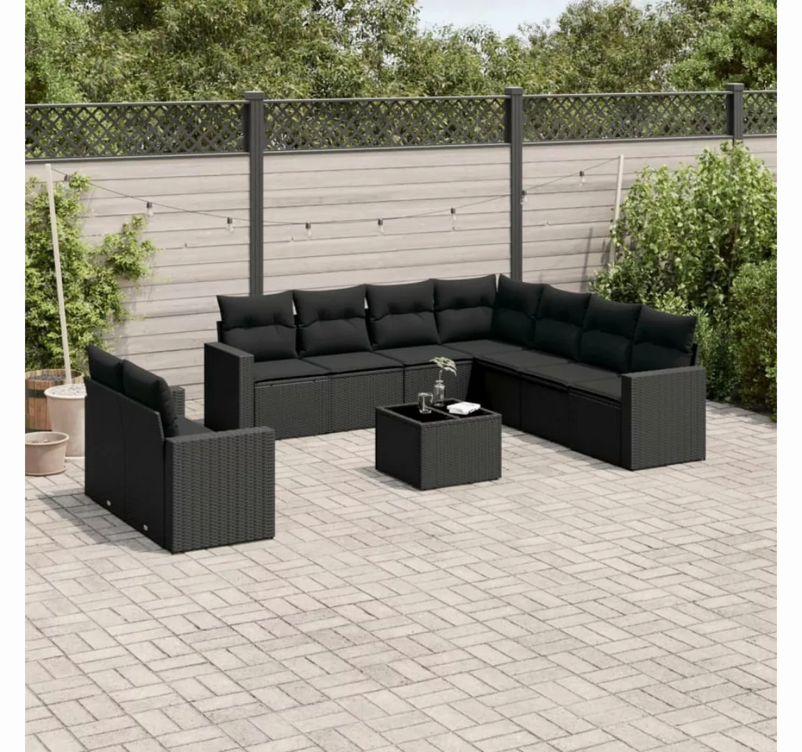 vidaXL Loungesofa 10-tlg. Garten-Sofagarnitur mit Kissen Schwarz Poly Ratta günstig online kaufen