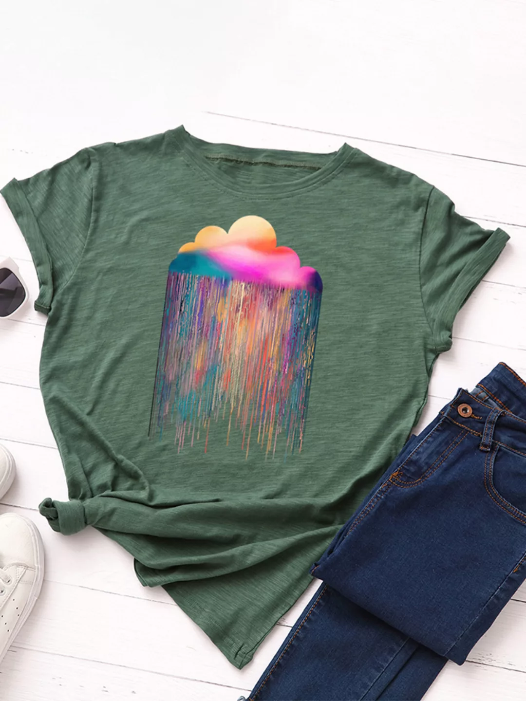 Rainbow Rain Bedrucktes Kurzarm-T-Shirt mit O-Ausschnitt für Damen günstig online kaufen