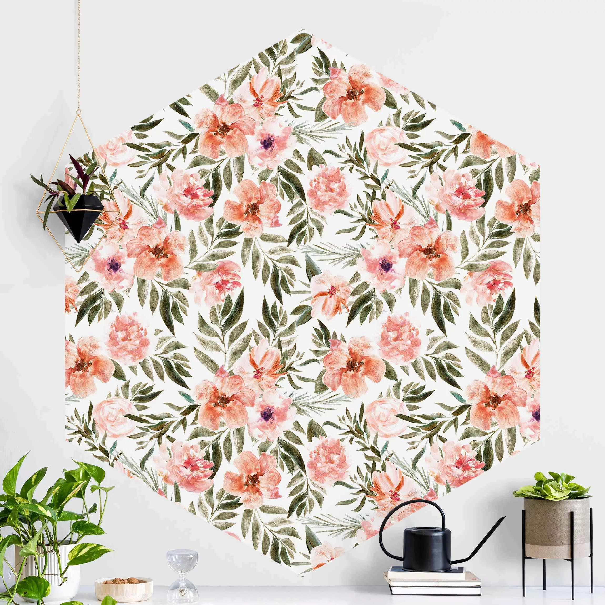 Hexagon Mustertapete selbstklebend Aquarell Rosa Blüten vor Weiß günstig online kaufen