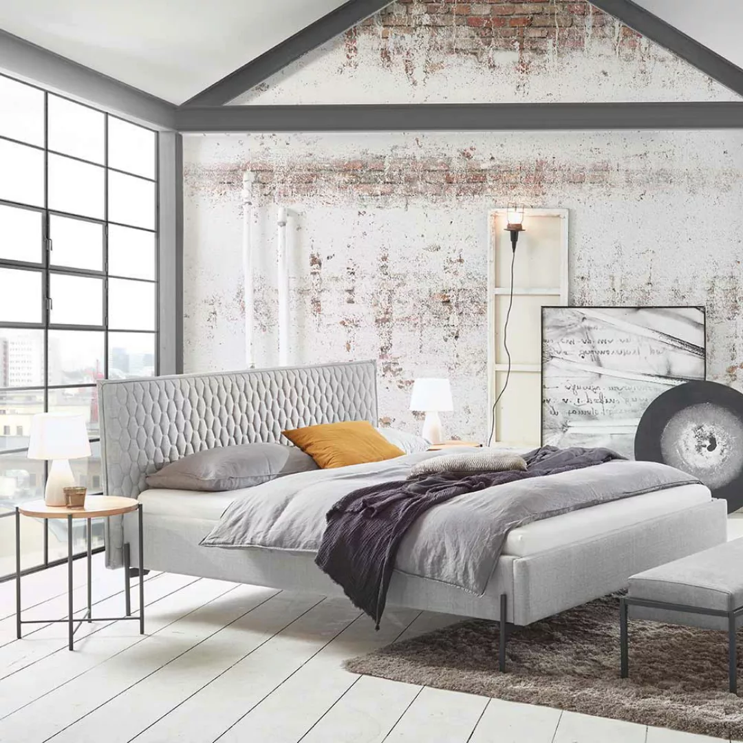 Doppel Bett gepolstert in Grau Webstoff Skandi Design günstig online kaufen