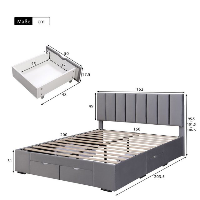 Flieks Polsterbett, Doppelbett Holzbett mit 4 Schubladen Samt 160x200cm günstig online kaufen