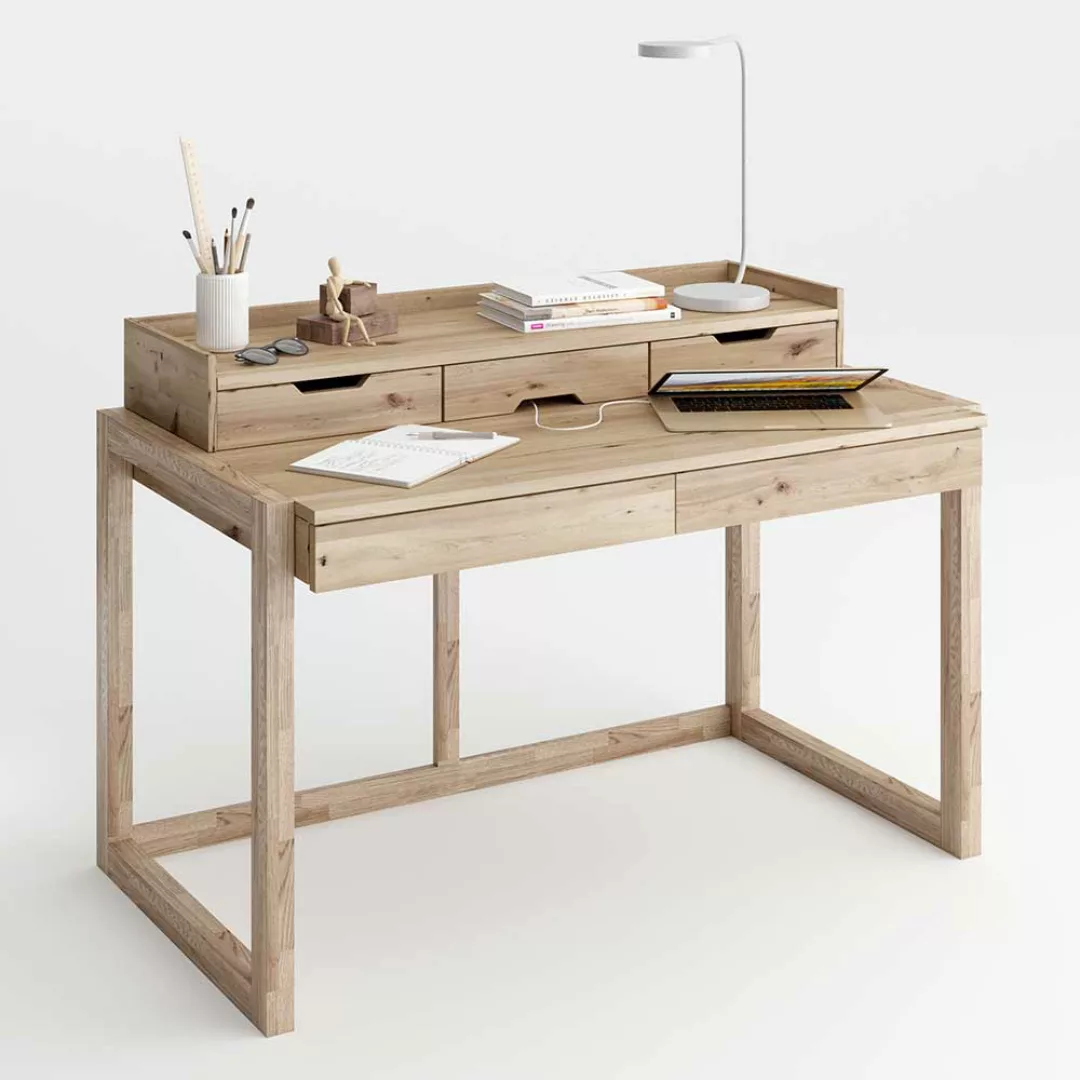 Stauraum Schreibtisch aus Wildeiche Massivholz Bildschirmaufsatz günstig online kaufen