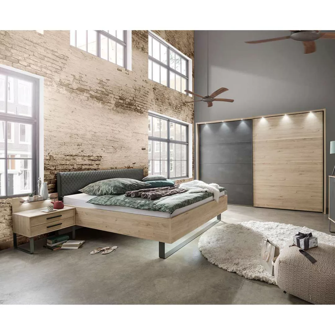 Design Schlafzimmer Set in Eiche Optik und Dunkelgrau Schwebetürenschrank ( günstig online kaufen
