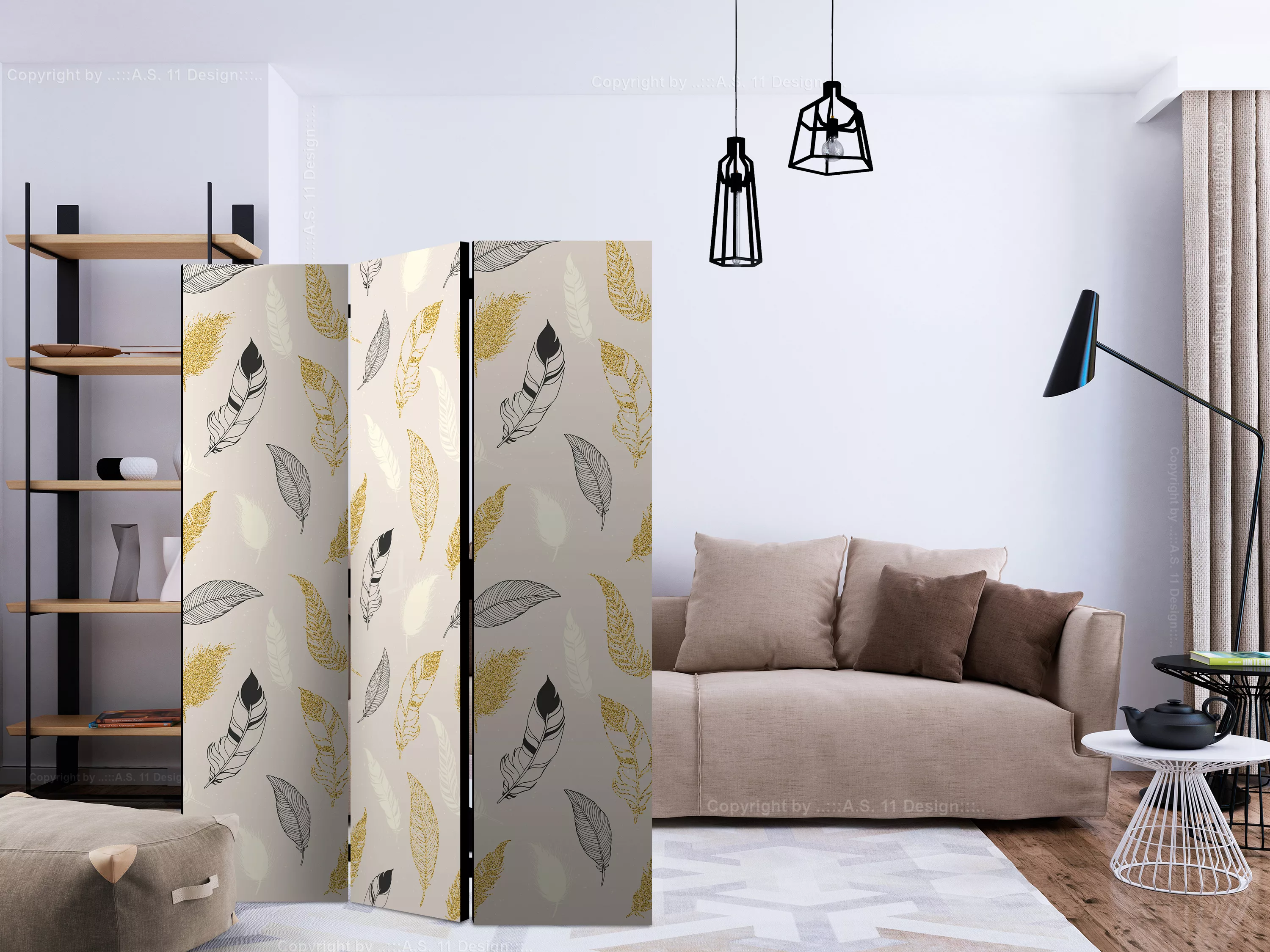 3-teiliges Paravent - Golden Feathers [room Dividers] günstig online kaufen