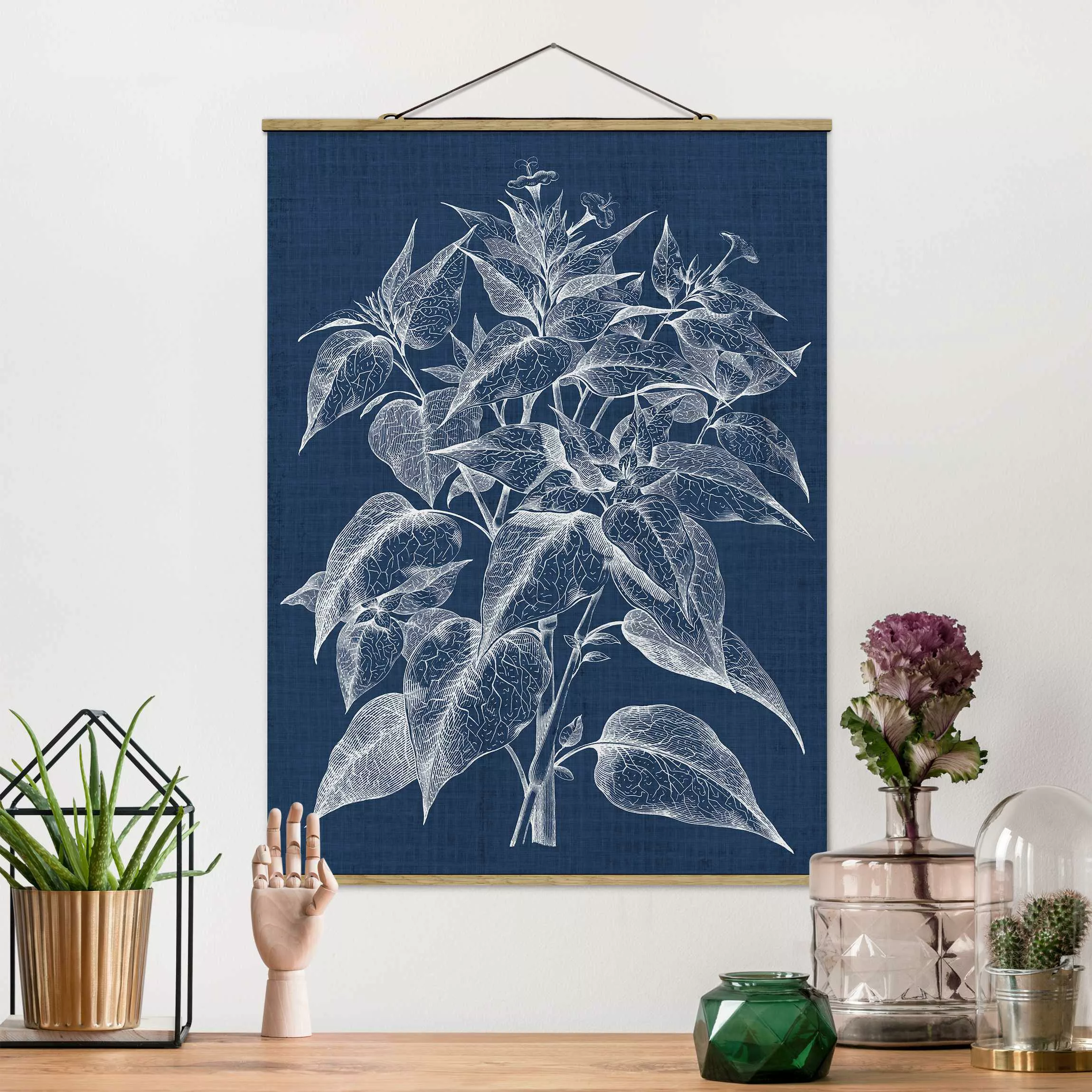 Stoffbild Blumen mit Posterleisten - Hochformat Denim Pflanzenstudie III günstig online kaufen