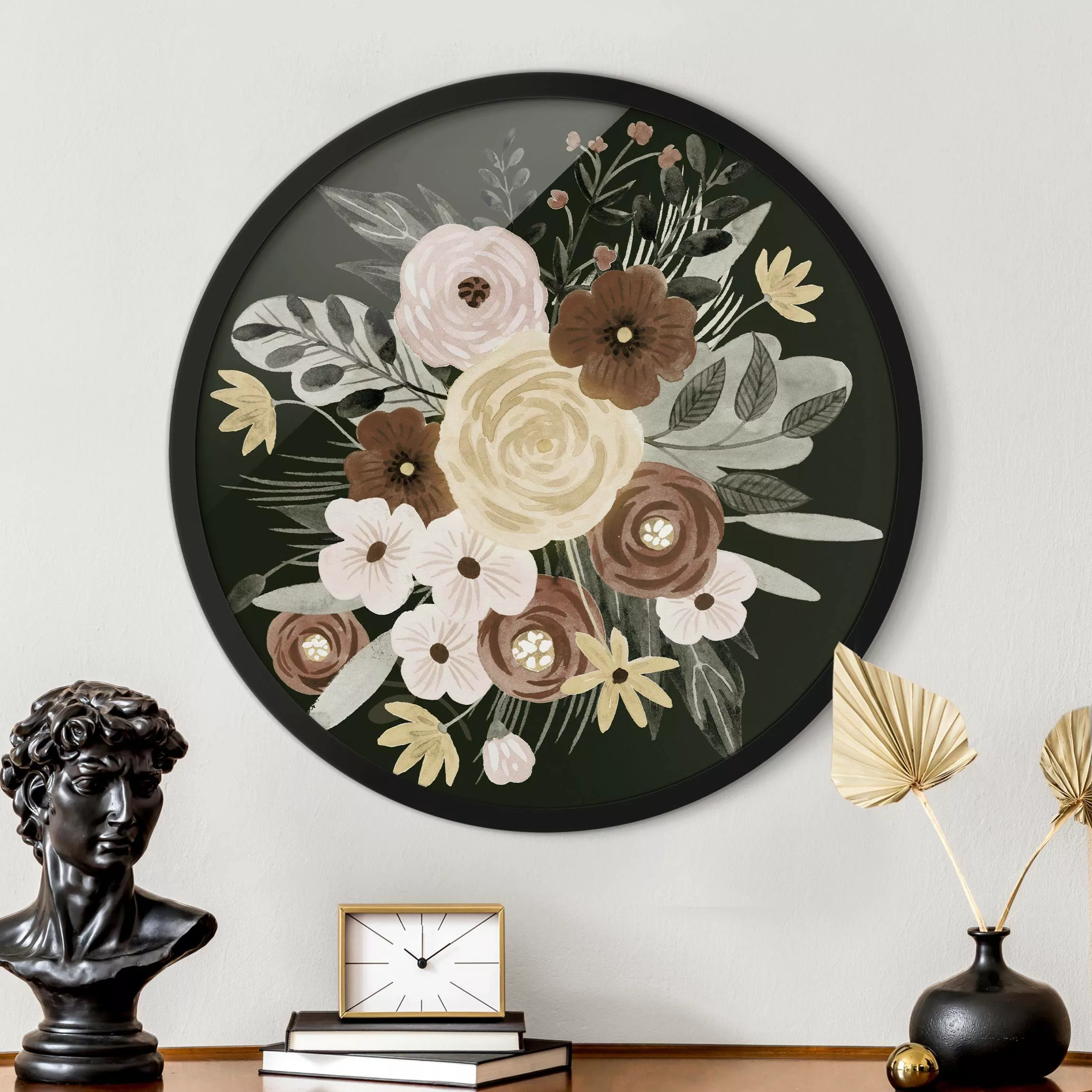 Rundes Gerahmtes Bild Pastell Blumenbouquet vor Grün I günstig online kaufen