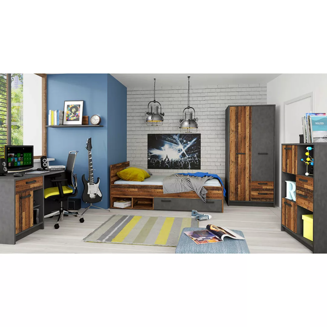 Jugendzimmer Komplett-Set NELSON-129 mit Bett 90x200 in grau mit Holz günstig online kaufen