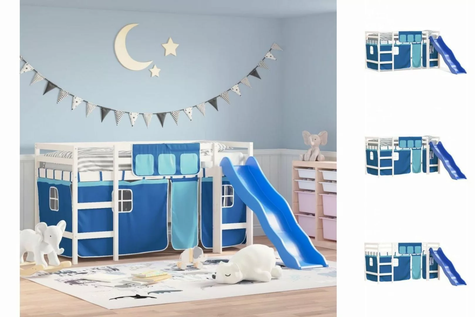 vidaXL Kinderbett Kinderhochbett mit Vorhängen Blau 80x200 cm Massivholz Ki günstig online kaufen