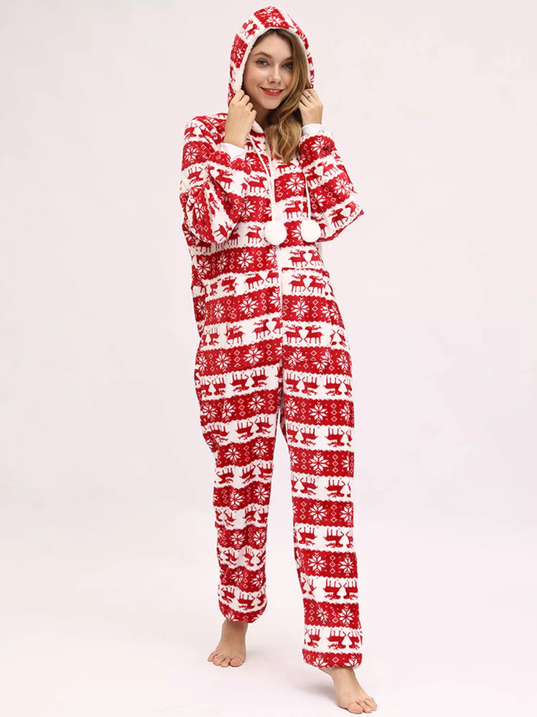 Plus Größe Deer Print Jumpsuits Pyjamas Kapuze Front Reißverschluss Flanell günstig online kaufen