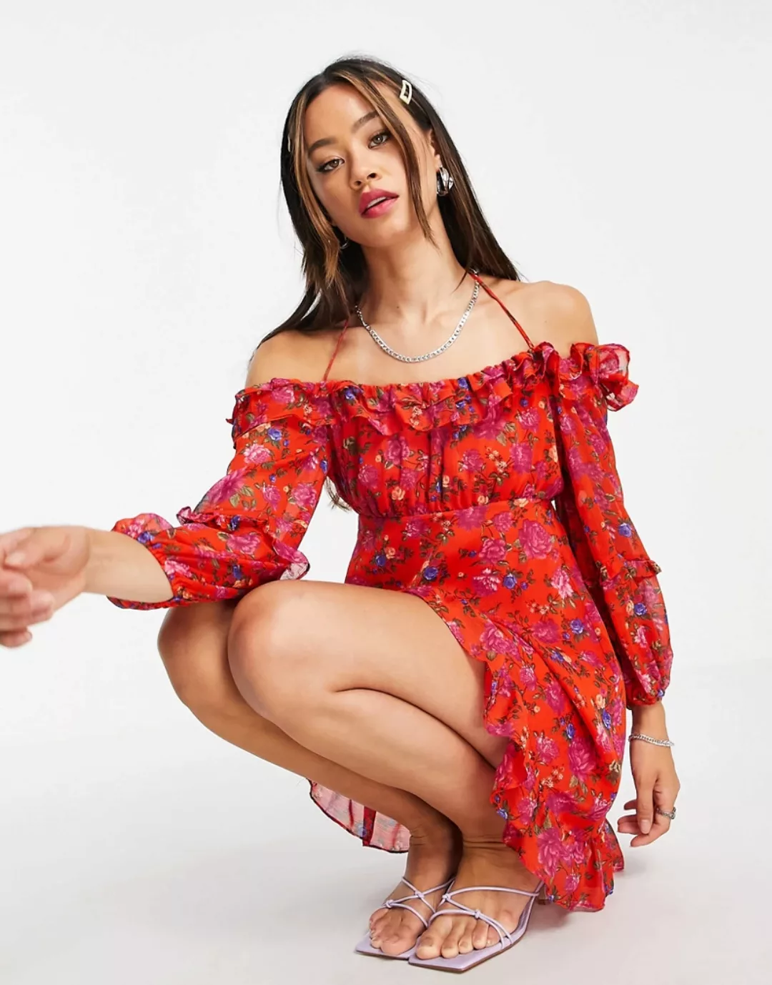 Topshop – Minikleid in Rot mit Blumenmuster und Carmenausschnitt günstig online kaufen