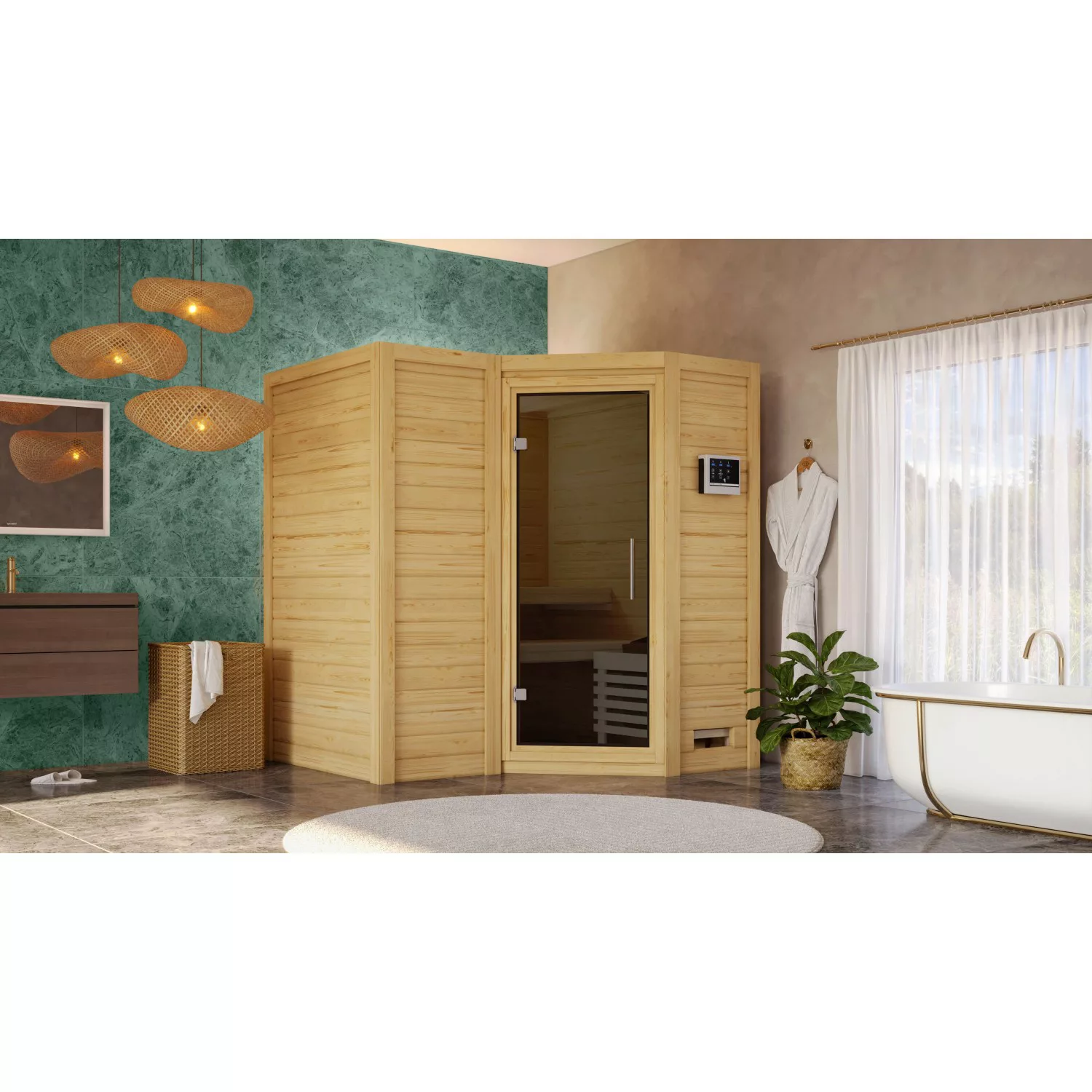 Woodfeeling Sauna-Set Steena 1 inkl. Bio-Ofen 9 kW mit ext. Steuerung, Tür günstig online kaufen