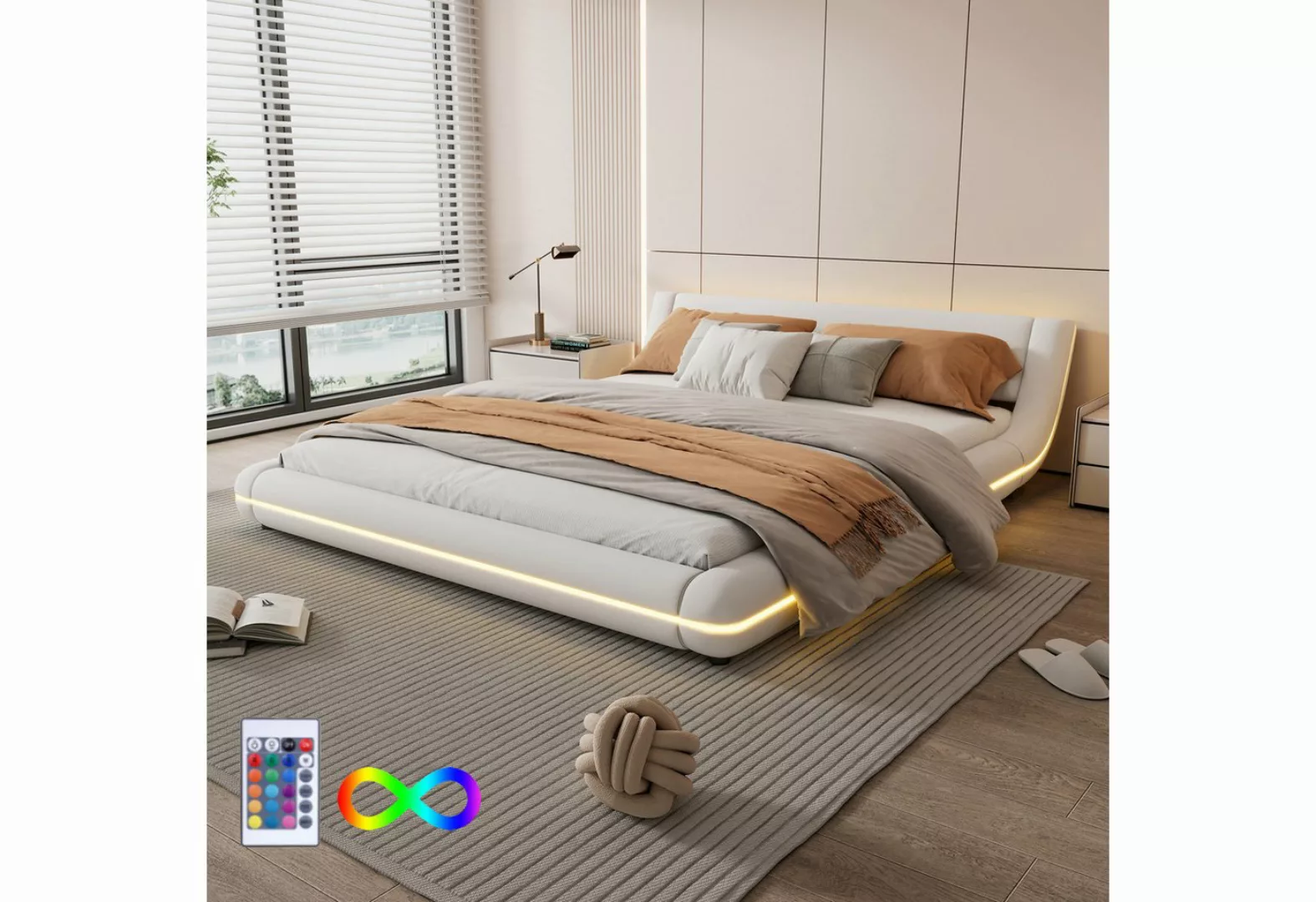 Ulife Polsterbett Doppelbett Bodenbett Flachbett mit LED-Umgebungslicht, 24 günstig online kaufen