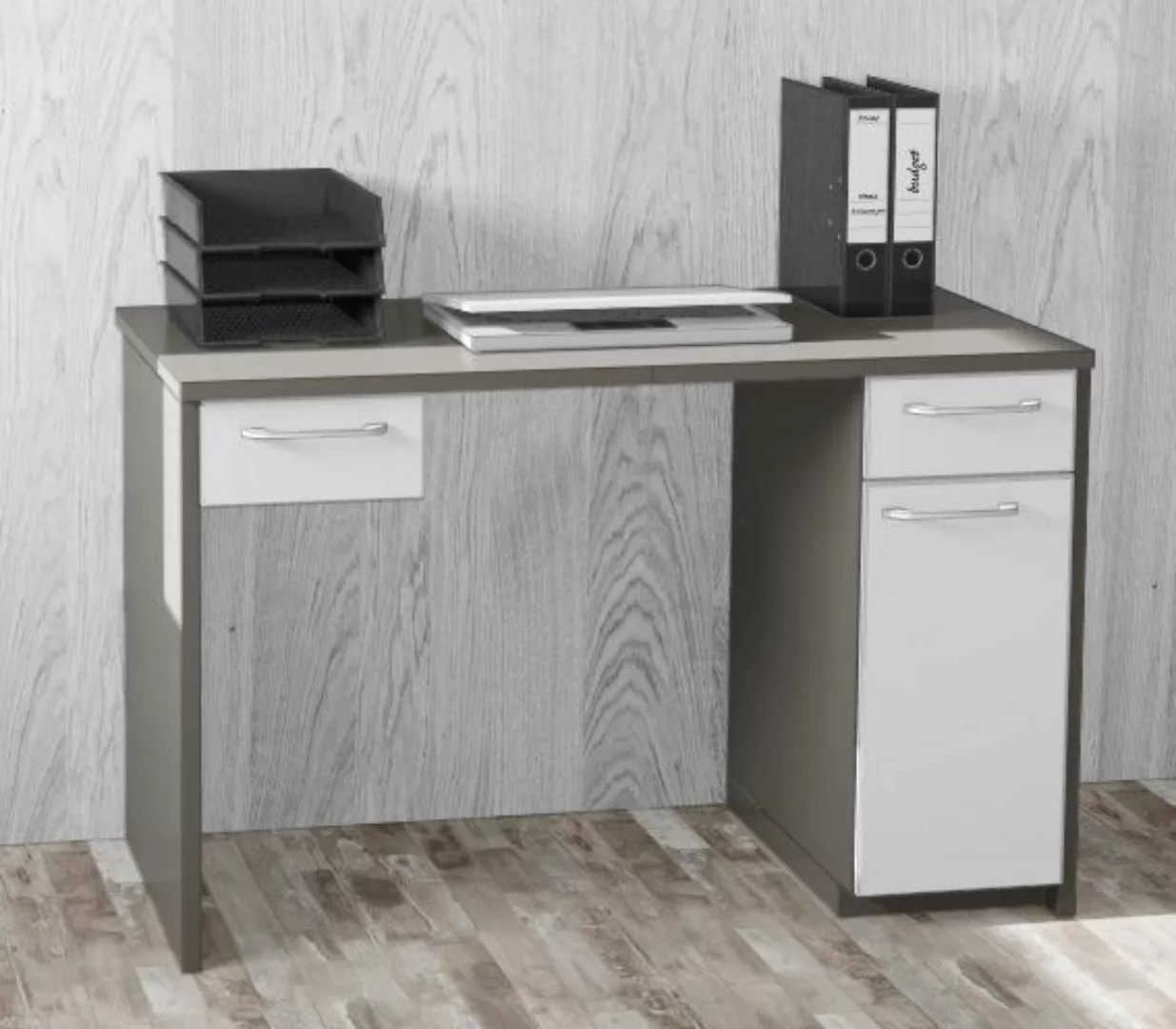 Büromöbel MANKAWORK 2.1B Perlweiß-Quarzgrau Schreibtisch 125 cm Homeoffice günstig online kaufen
