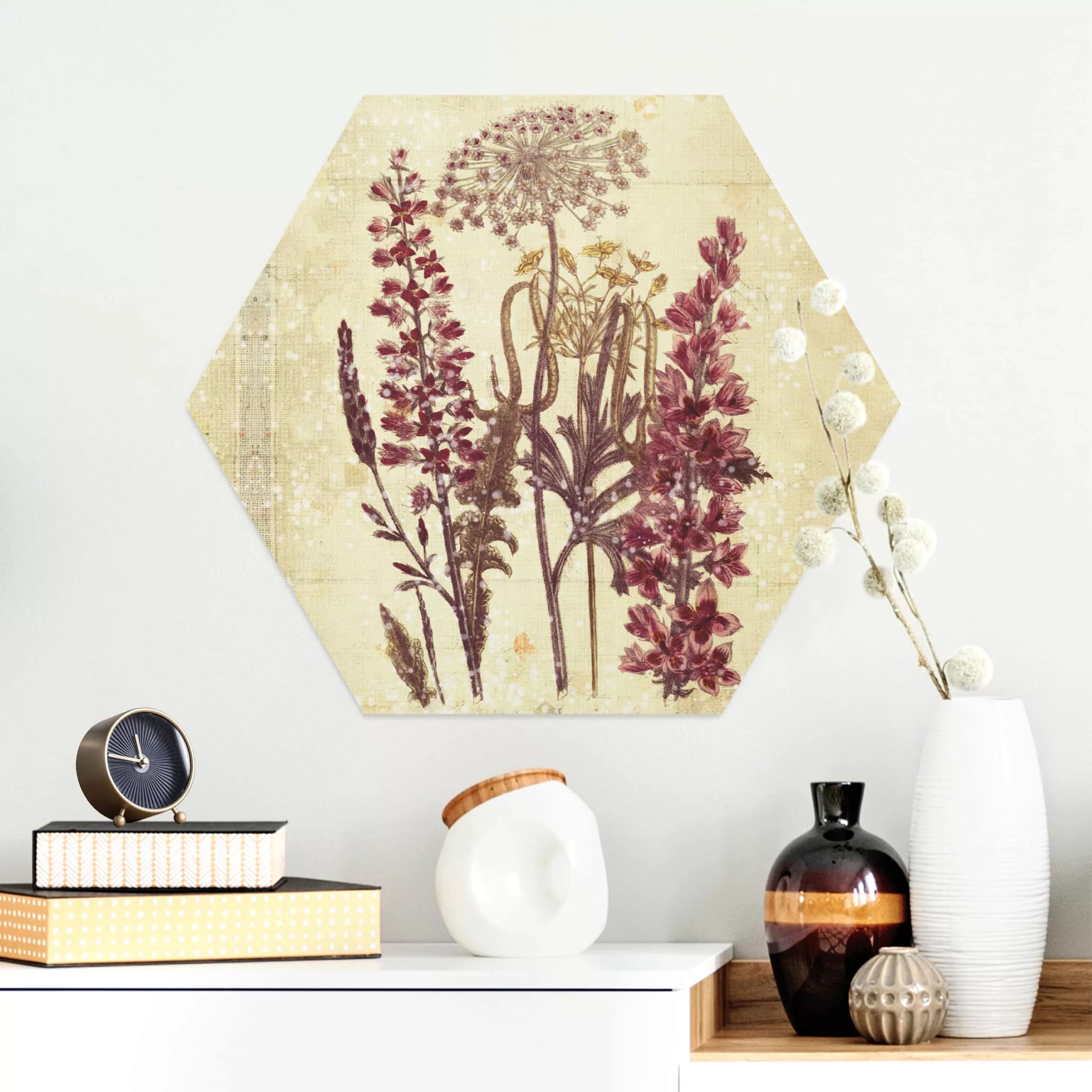 Hexagon-Alu-Dibond Bild Blumen Vintage Leinenoptik Blumen günstig online kaufen