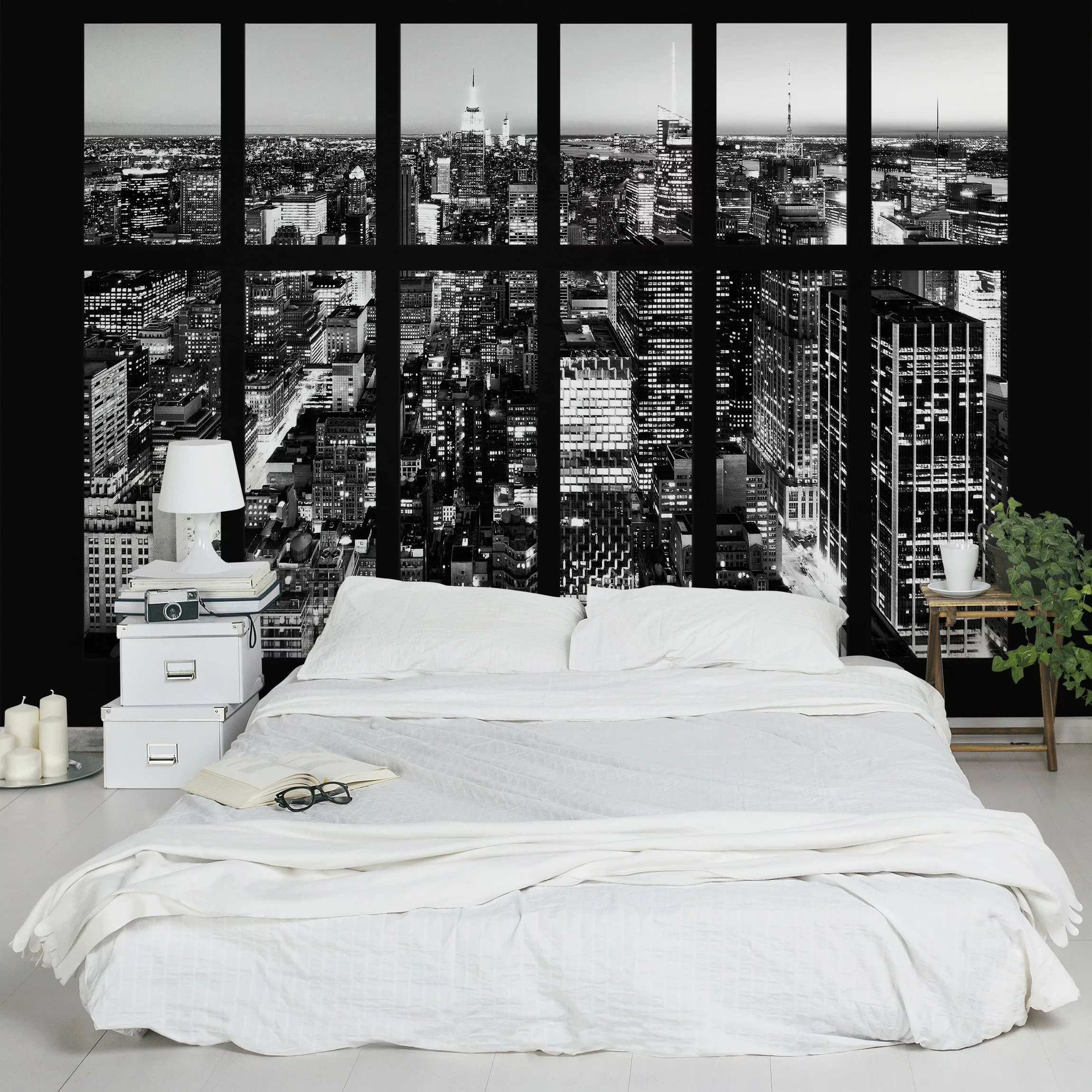 Fototapete Fensterblick Manhattan Skyline schwarz-weiß günstig online kaufen