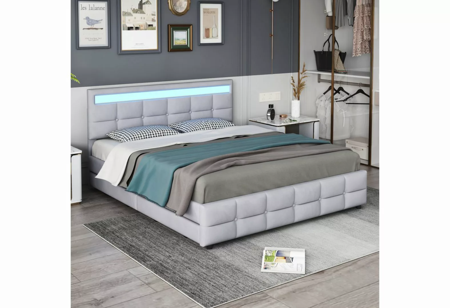 Rutaqian Polsterbett modern Doppelbett 180 x 200 cm, mit LED-Bettgestell, 4 günstig online kaufen