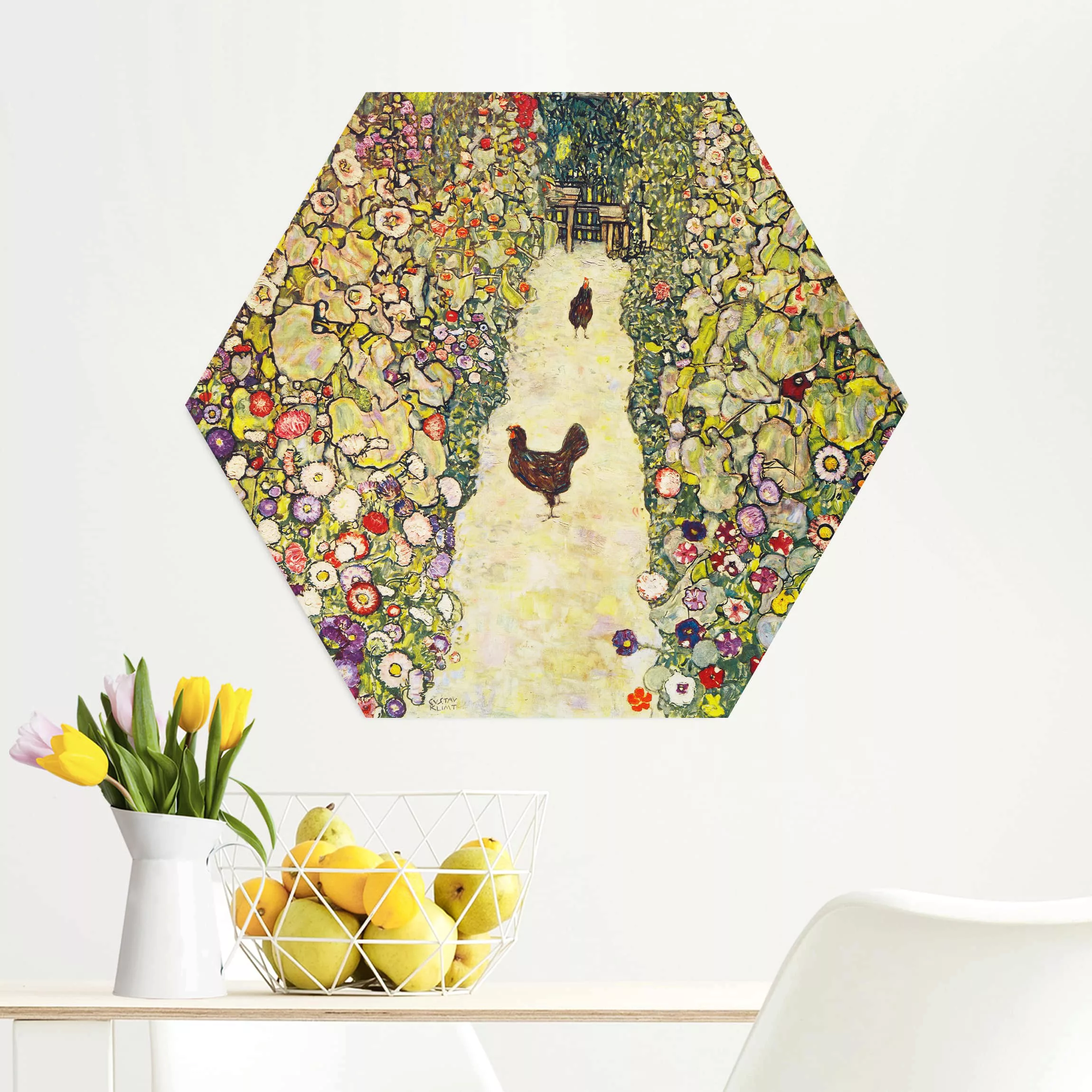 Hexagon-Alu-Dibond Bild Kunstdruck Gustav Klimt - Gartenweg mit Hühnern günstig online kaufen