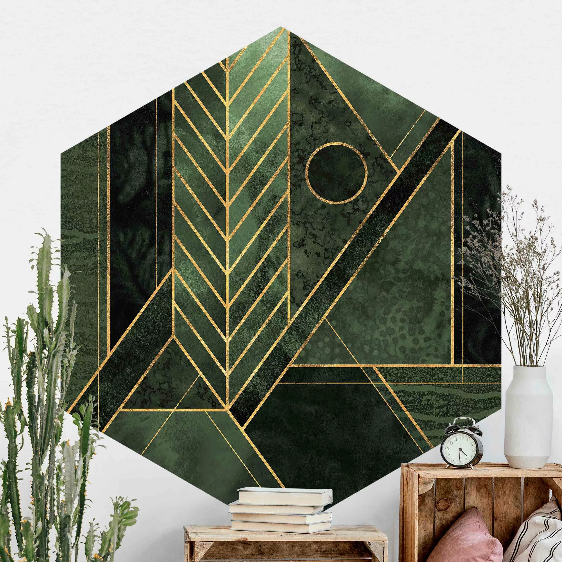 Hexagon Mustertapete selbstklebend Geometrische Formen Smaragd Gold günstig online kaufen