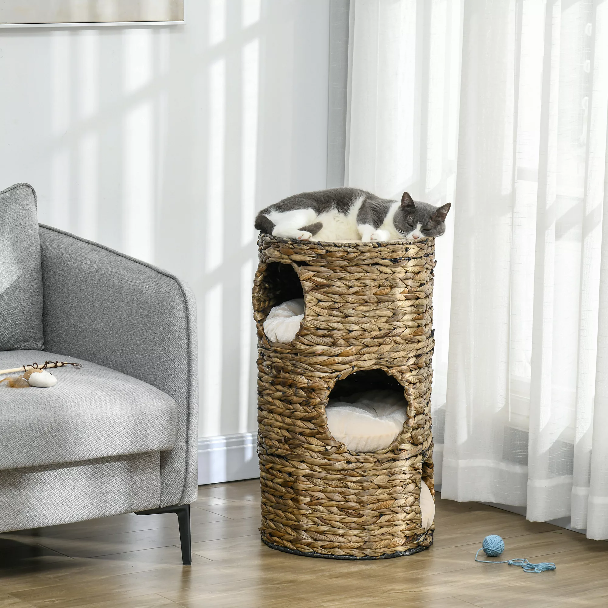 PawHut Kratztonne 73 cm hoch mit 3 Höhlen und Kissen, Kratzbaum mit Katzenb günstig online kaufen
