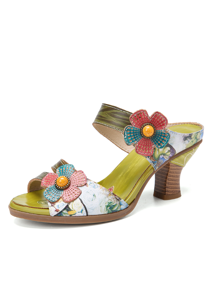 SOCOFY Retro Floral Painted Floral Slip auf Mules Chunky Heel Sandalen günstig online kaufen