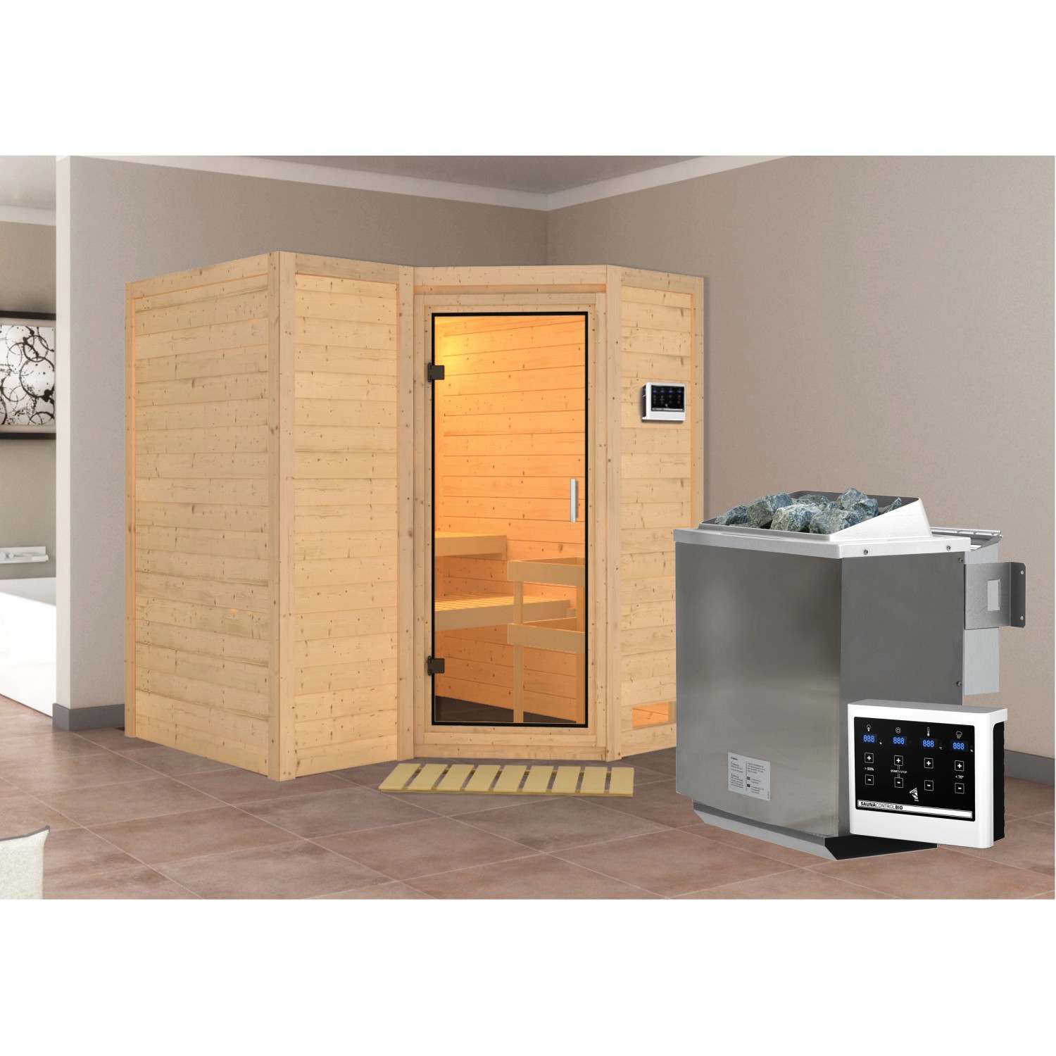 Woodfeeling Sauna Steena 1, Bio-Ofen, externe Steuerung Easy, Glastür günstig online kaufen