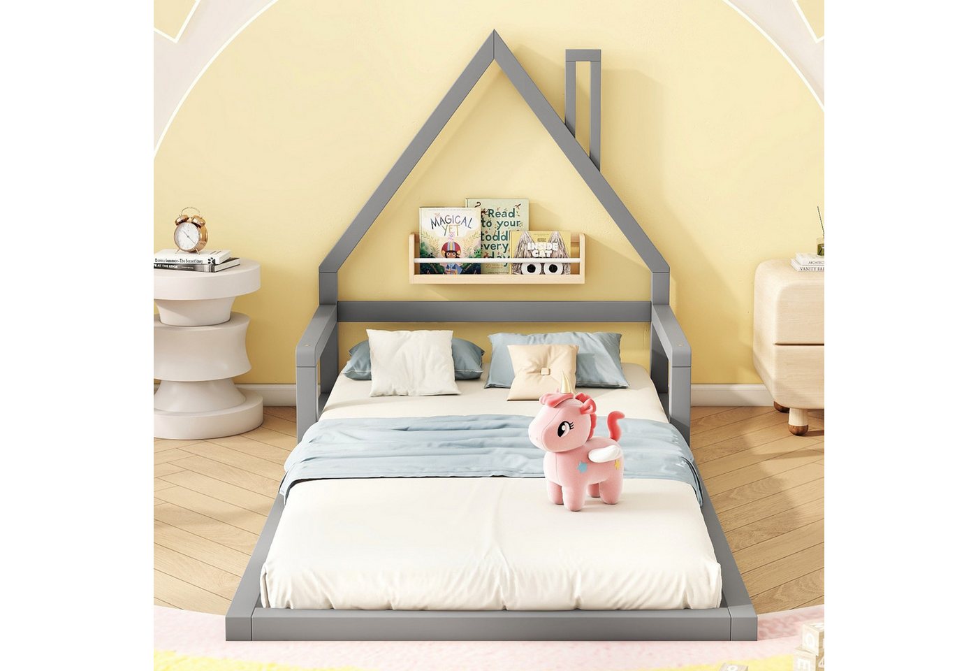 FUROKOY Kinderbett Kinderbett, Flachbett aus Kiefer massiv, Hausform,90x200 günstig online kaufen