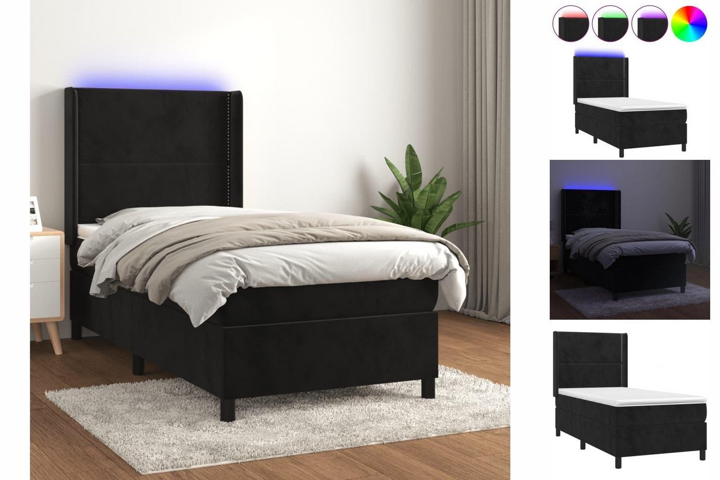 vidaXL Bettgestell Boxspringbett mit Matratze LED Schwarz 90x200 cm Samt Be günstig online kaufen