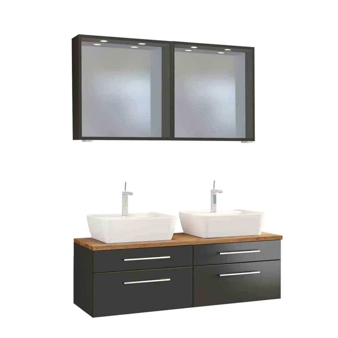 Waschtisch Set mit Doppelwaschtisch und Spiegeln dunkel Grau und Wildeiche günstig online kaufen
