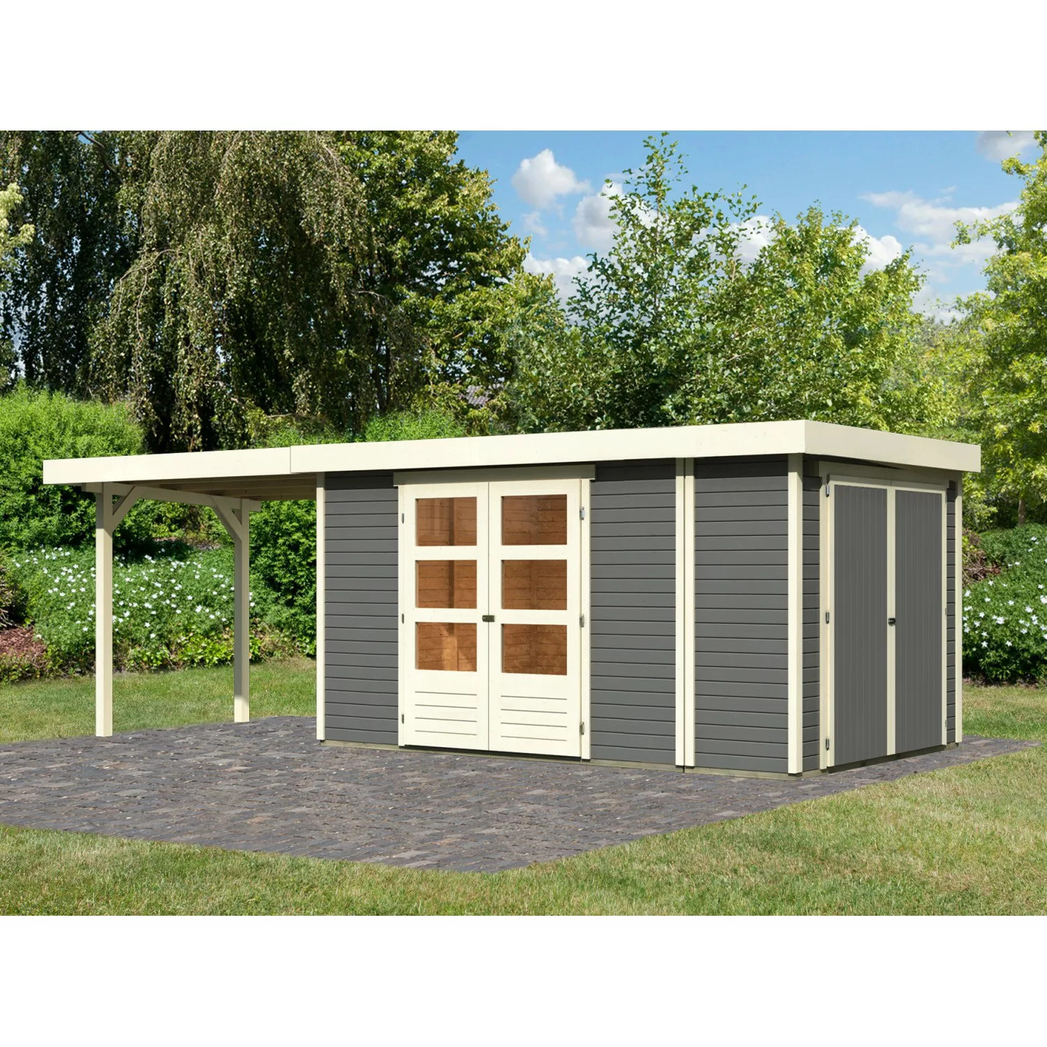 Karibu Gartenhaus Set Retola 6 Terragrau mit Anbauschrank 280 cm Breit 9,03 günstig online kaufen