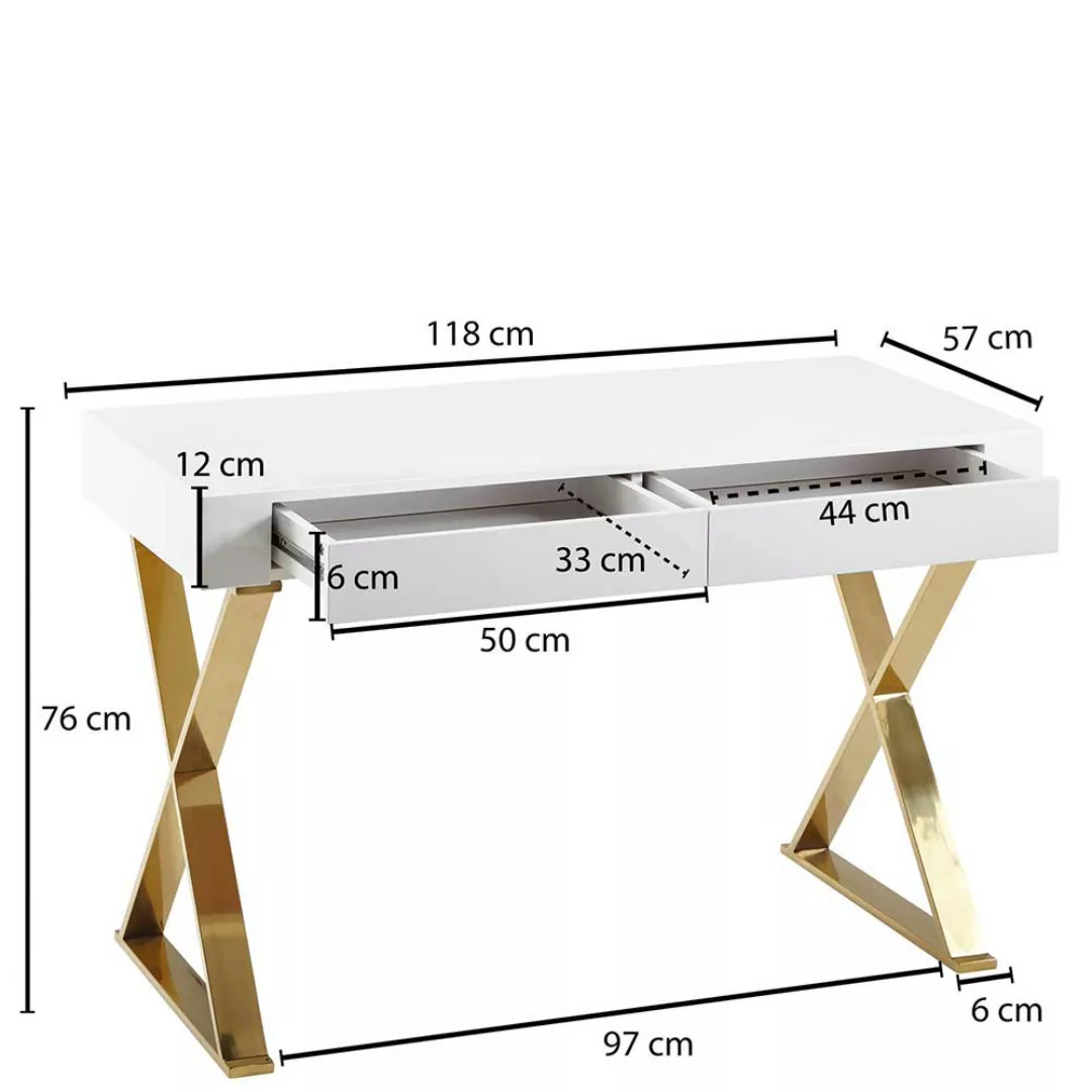 Schreibtisch Home Office in Weiß Hochglanz Goldfarben günstig online kaufen