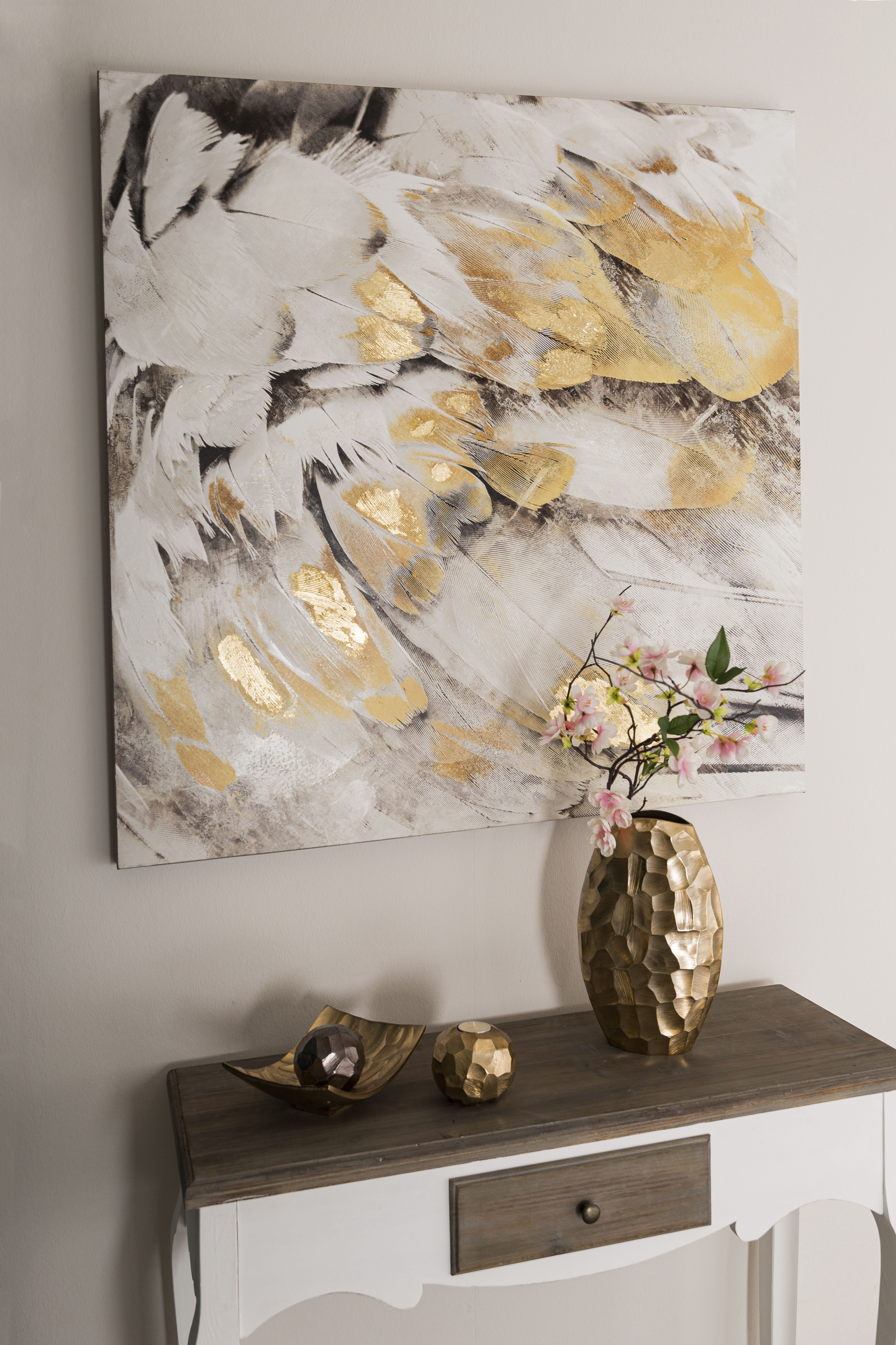 Home affaire Ölbild "Feder, goldfarben", Gemälde, 100x100 cm, Wohnzimmer günstig online kaufen
