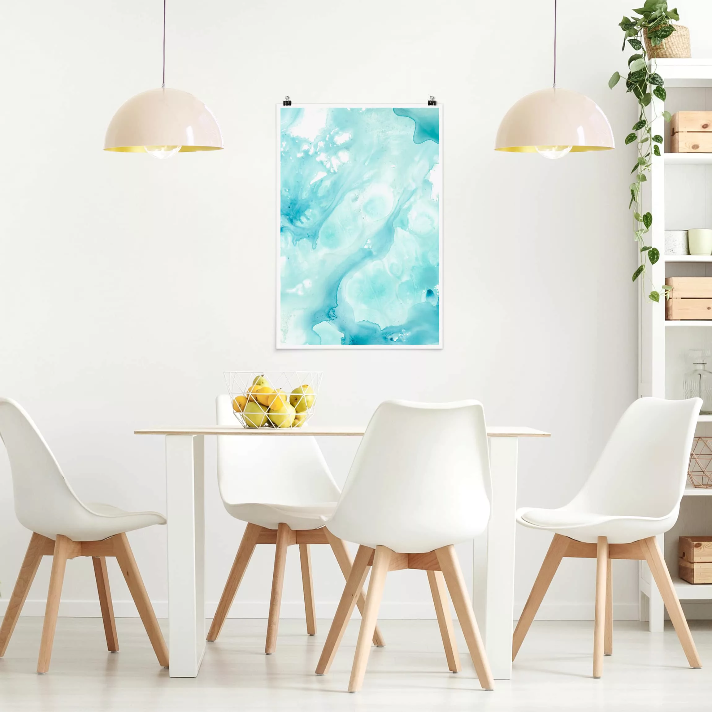 Poster Abstrakt - Hochformat Emulsion in weiß und türkis I günstig online kaufen