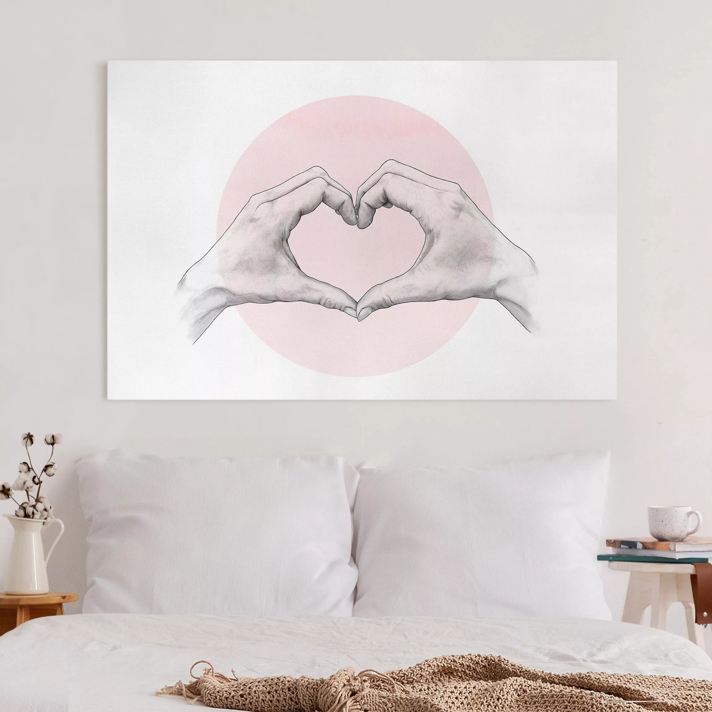 Leinwandbild - Querformat Illustration Herz Hände Kreis Rosa Weiß günstig online kaufen