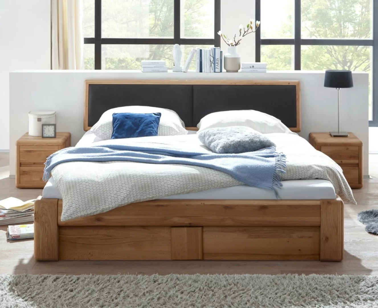 Doppelbett 200x200 cm mit Bettkasten und Lattenrost Wildeiche massiv Verona günstig online kaufen