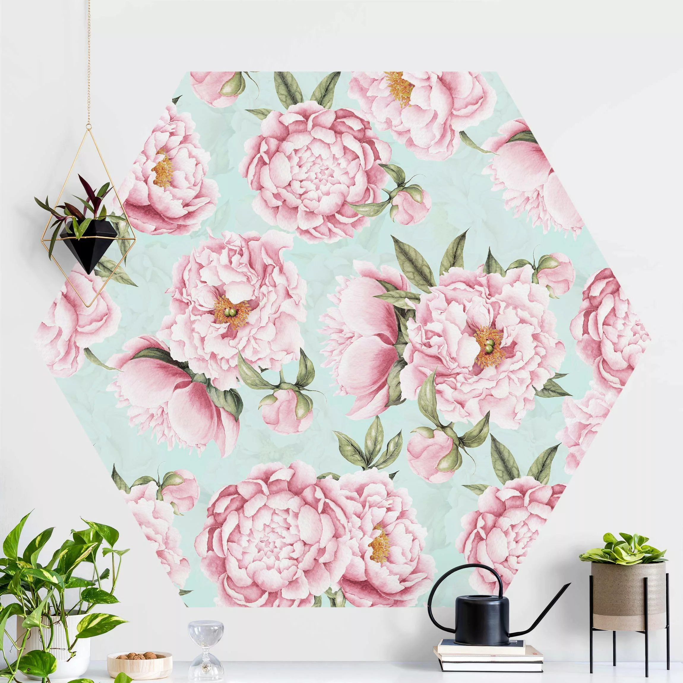 Hexagon Mustertapete selbstklebend Rosa Blumen auf Mint als Aquarell günstig online kaufen