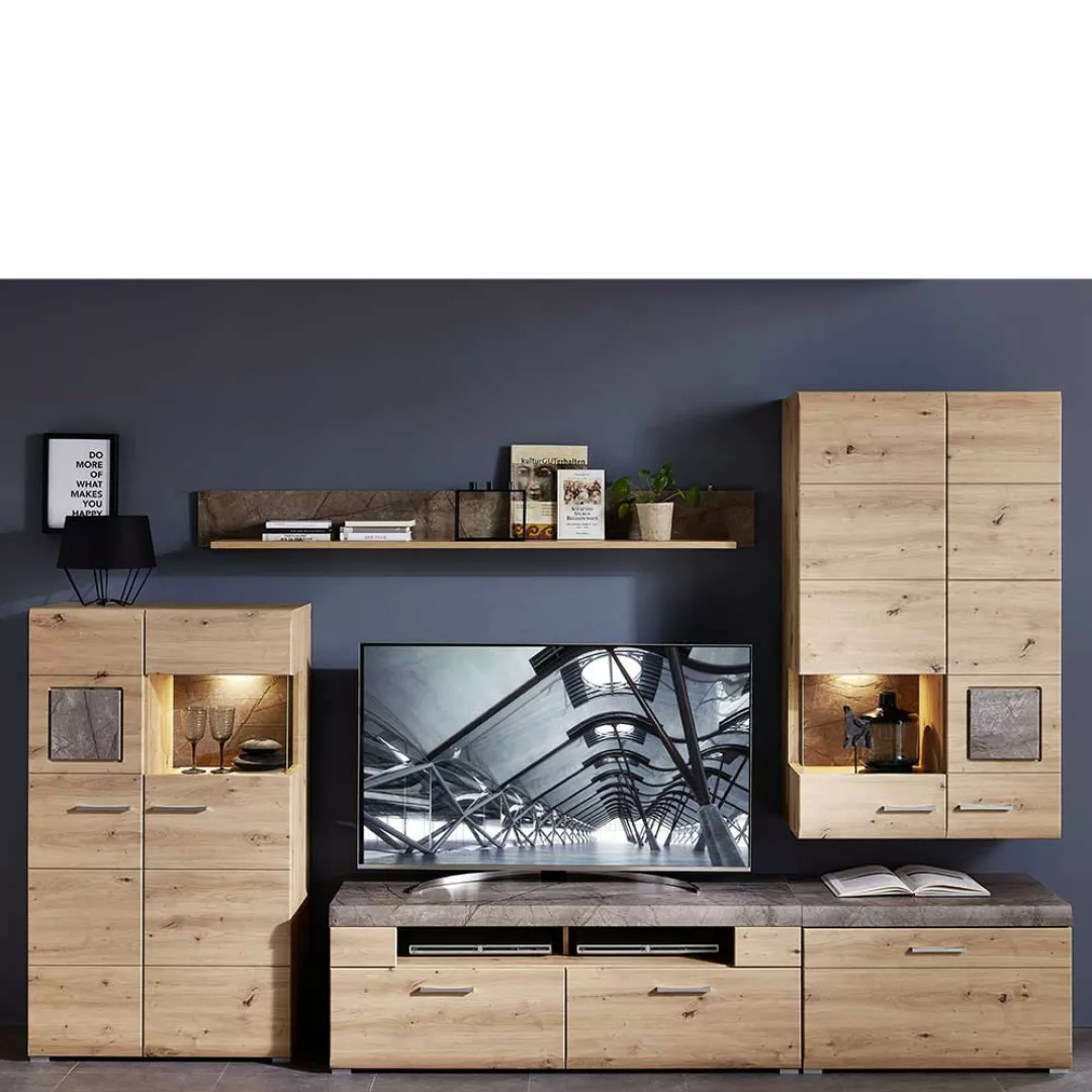 Wohnzimmerwand in Graubraun und Wildeiche Optik 300 cm breit (fünfteilig) günstig online kaufen