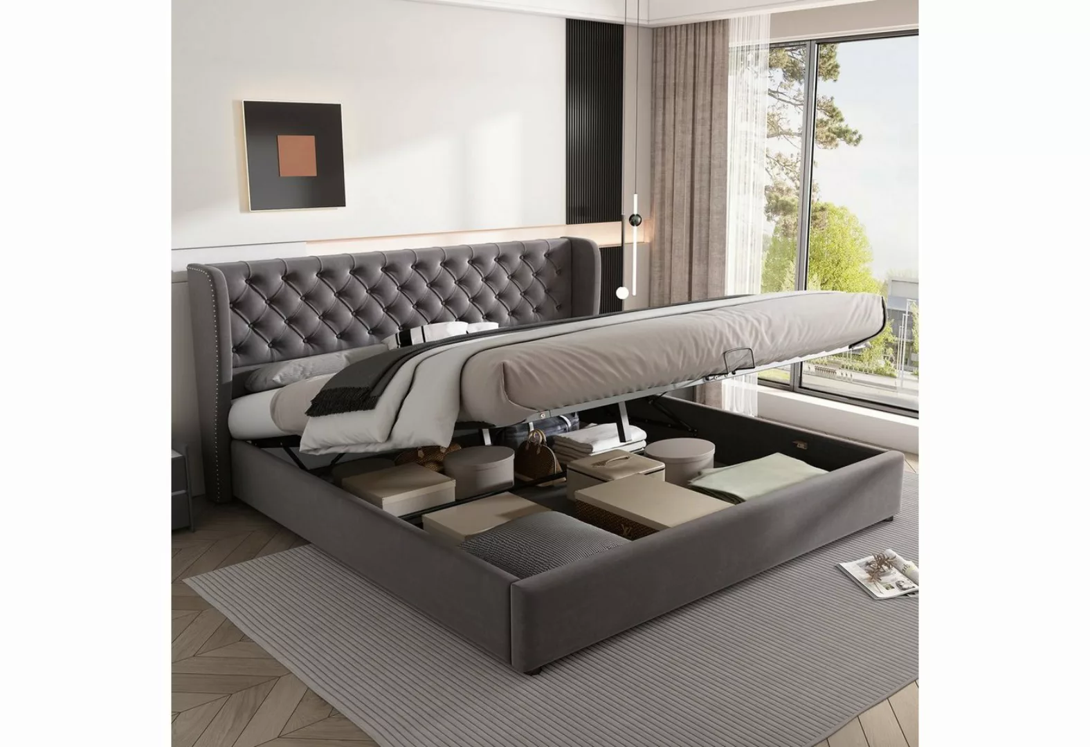 REDOM Polsterbett Doppelbett Stauraumbett, Kiefernholz Flanell 160*200cm Oh günstig online kaufen