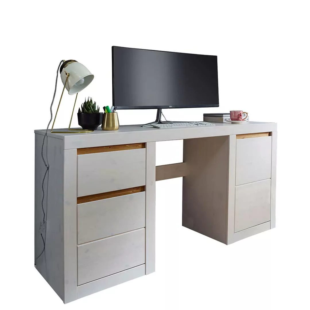 Schreibtisch aus Kiefer Massivholz Weiß günstig online kaufen