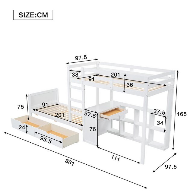 Flieks Etagenbett, Kinderbett 90x200cm mit Schreibtisch, Stauraumregale und günstig online kaufen