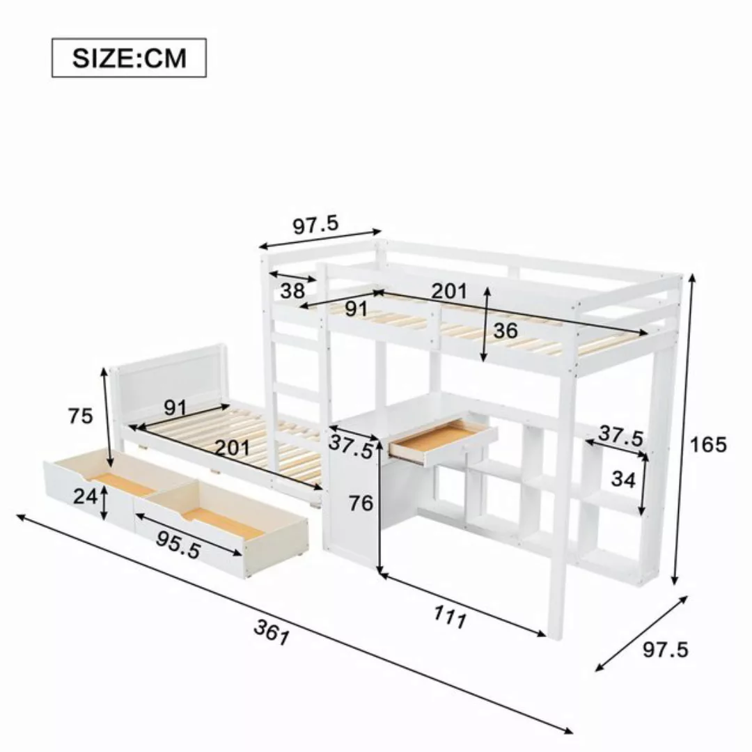 HAUSS SPLOE Etagenbett 90x200cm mit offenem Regal, 2 Schubladen, Schreibtis günstig online kaufen