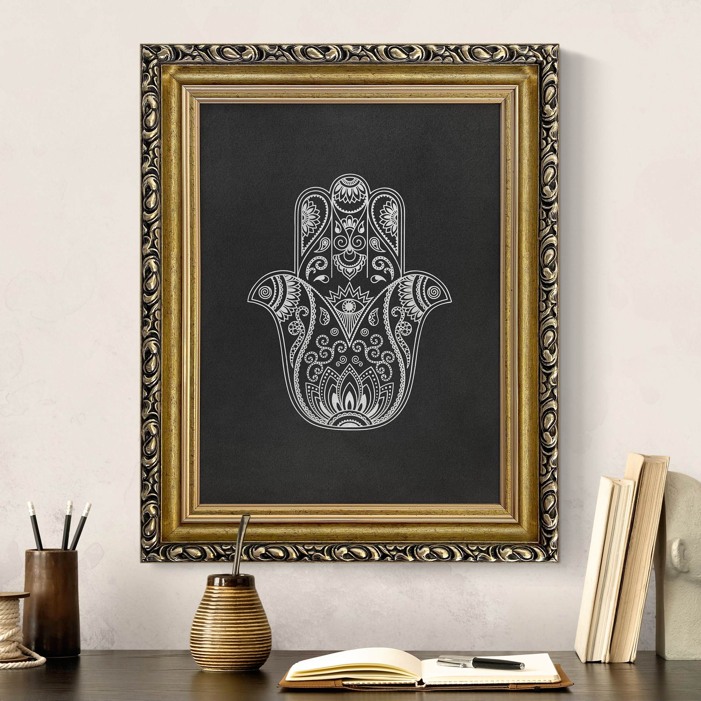 Gerahmtes Leinwandbild Hamsa Hand Illustration weiß schwarz günstig online kaufen