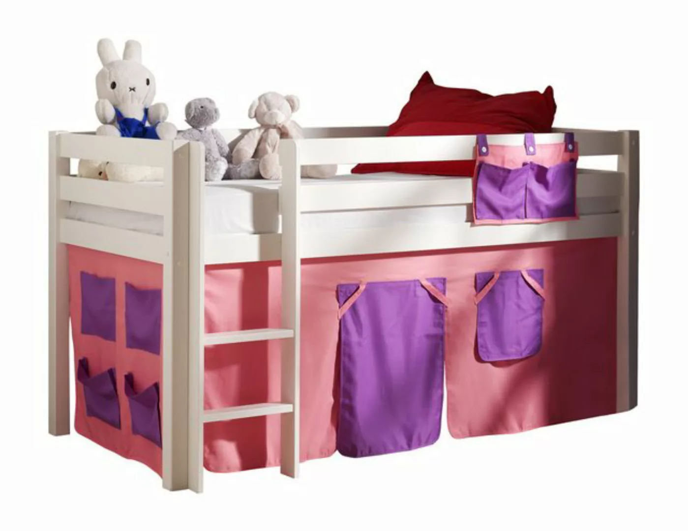 Hochbett Kinderzimmer PINOO-12 mit Textilset Bella in Kiefer massiv weiß la günstig online kaufen