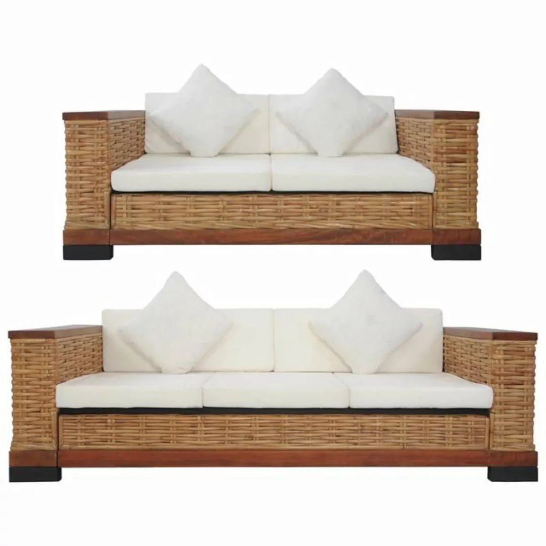 furnicato Sofa 2-tlg. Sofagarnitur mit Auflagen Braun Natur Rattan günstig online kaufen