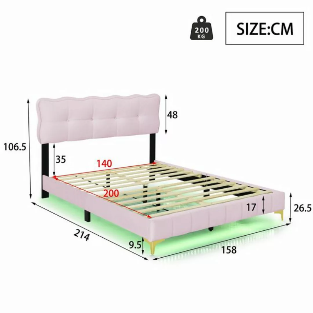 HAUSS SPLOE Polsterbett 140 x 200 cm mit LED-Leuchten, Rückenlehne, Samtsto günstig online kaufen